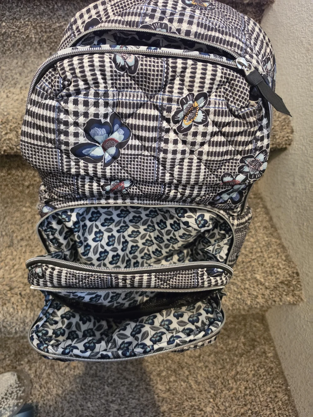 Vera Bradley Bedford Plaid Floral Performance Twill Backpack BabyBag Black White